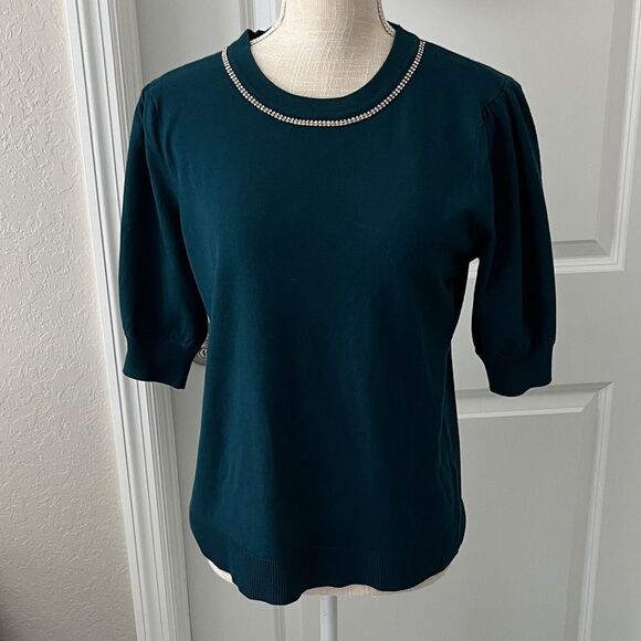 H Halston Heritage Deep Teal Knit with Embellished Neckline Short Sleeve NWOT - Picture 1 of 11